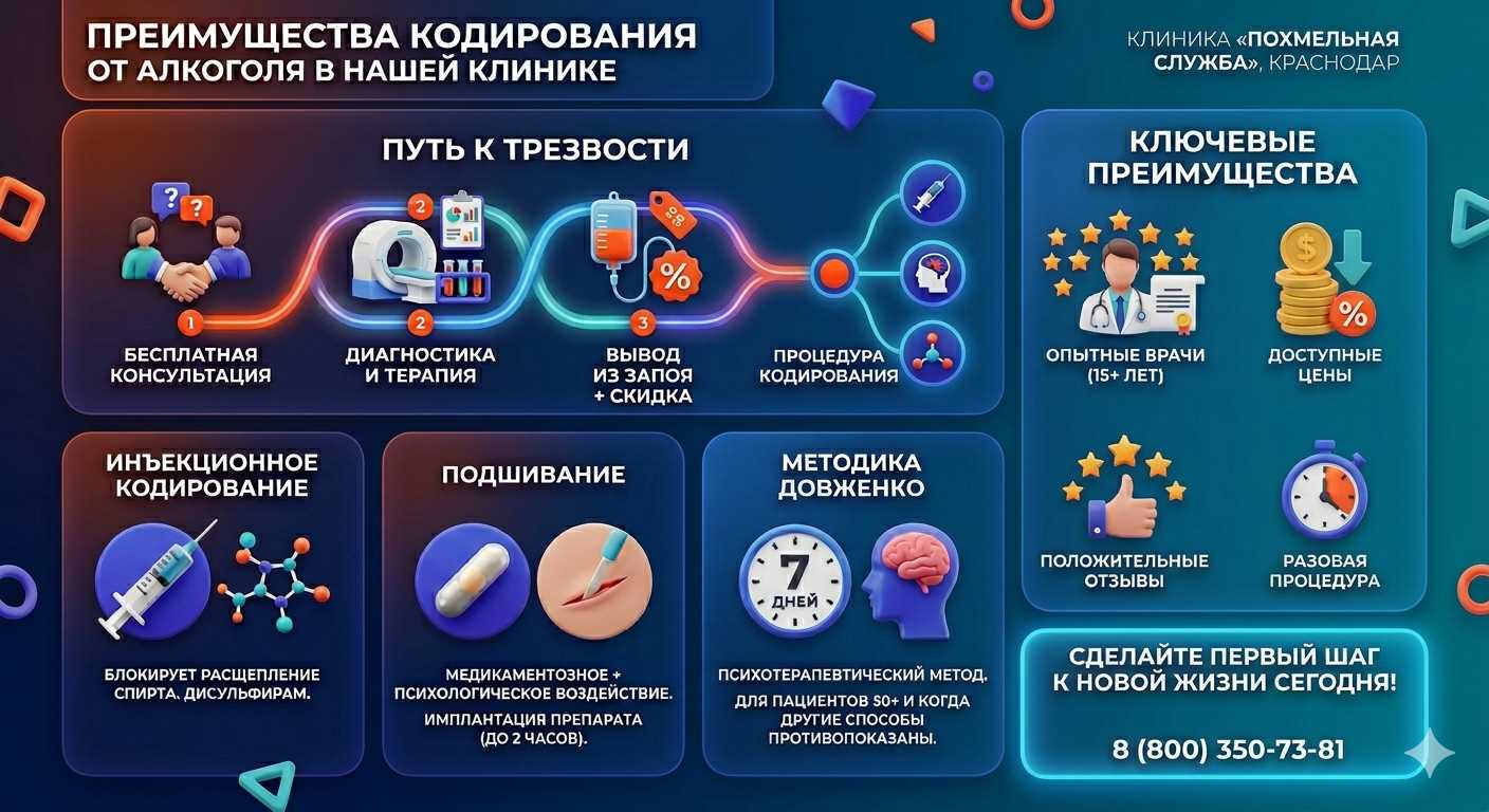 Инфографика о методах кодирования от алкоголя в Чарышском: инъекции, подшивание, метод Довженко. Преимущества клиники и этапы лечения.